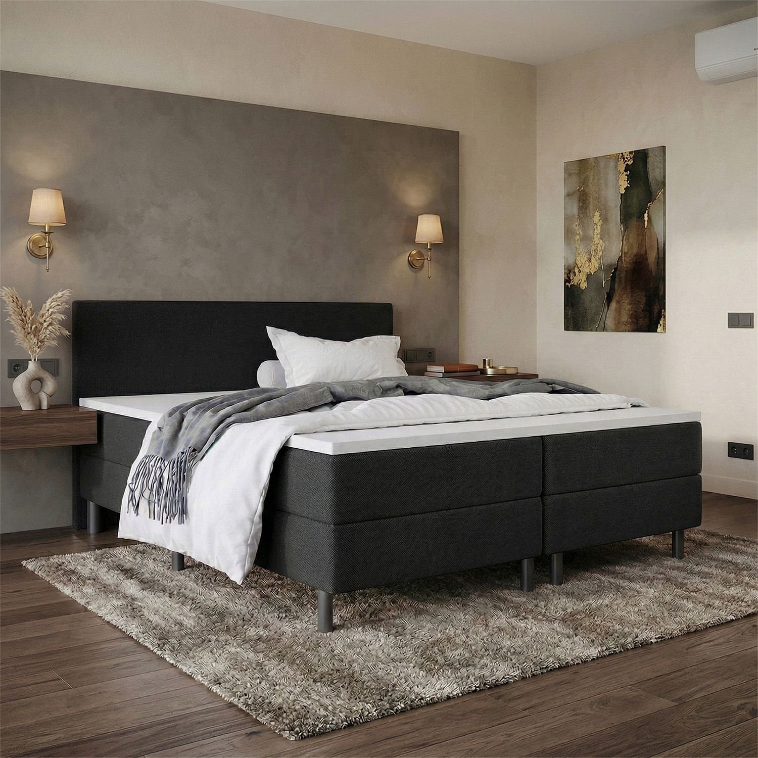 Boxspring Bravo - Luxe pocketvering - 180x210 cm - Stof Zwart - Compleet inclusief Topmatras