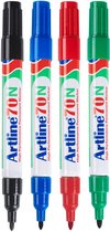 Vier Artline 70N markers in zwart, blauw, rood en groen naast elkaar op een witte achtergrond.