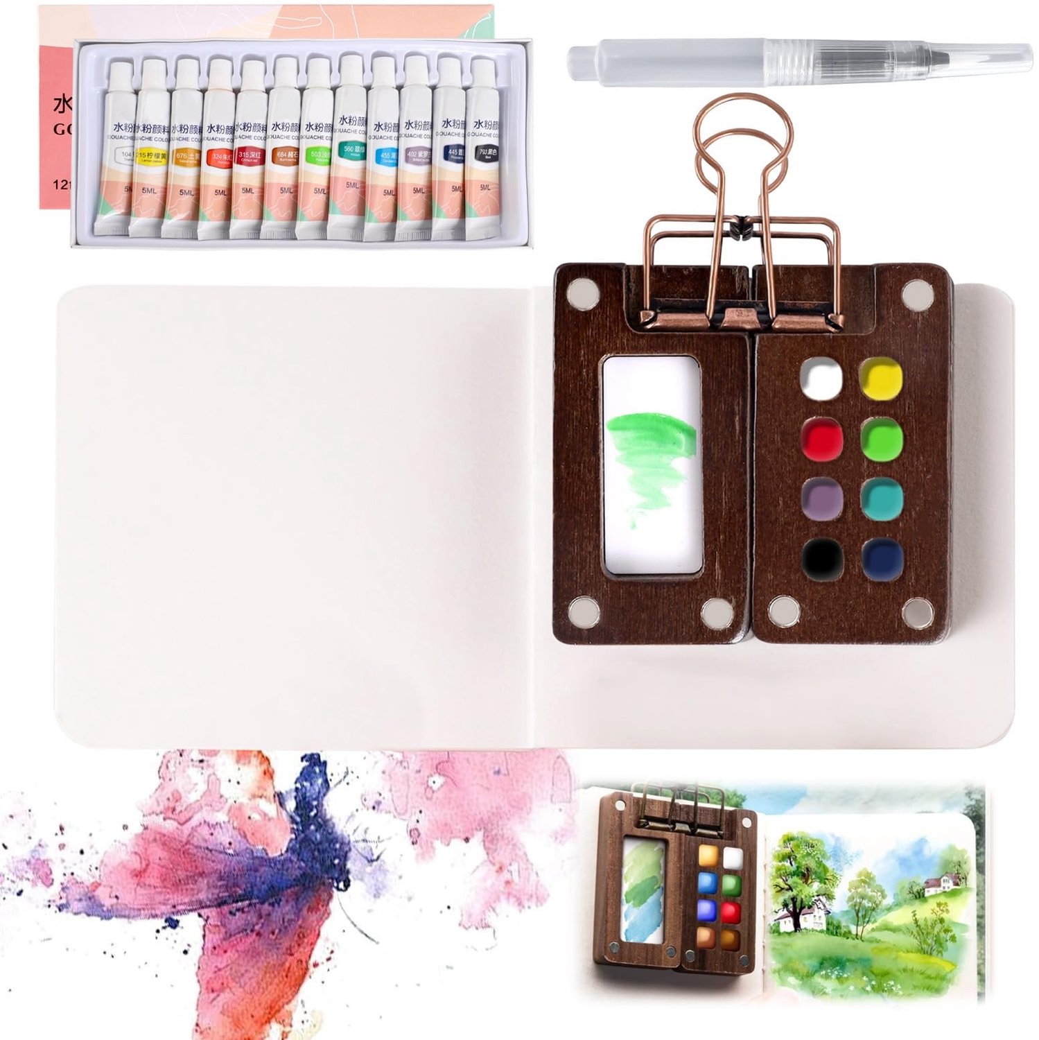 Mini Waterverf Set met Penseel en Papier voor Reizende Kunstenaars