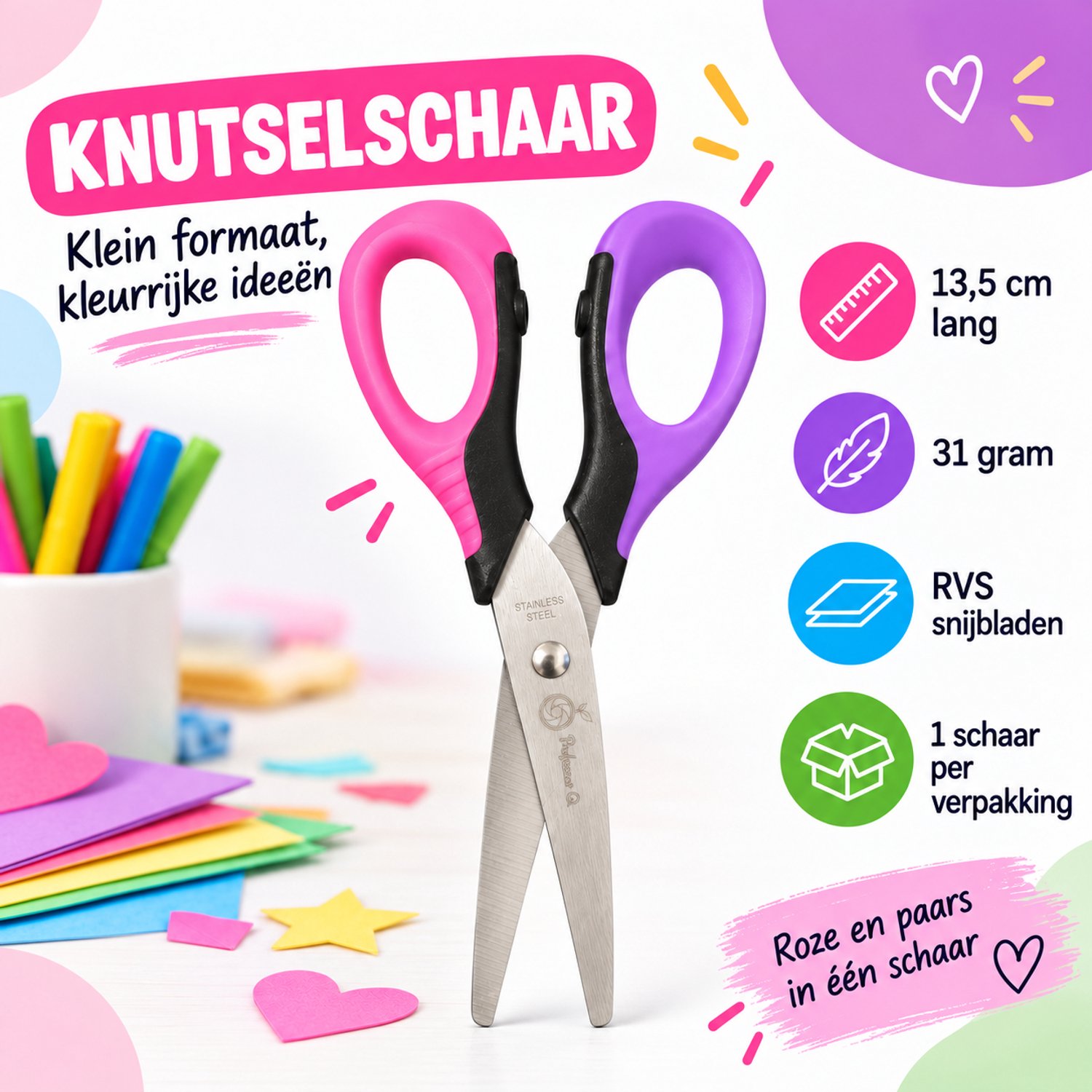 Professor Q Knutselschaar - 13,5 cm - RVS Snijbladen - Roze en Paars - 1 Stuk