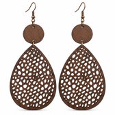 Donkerbruine houten oorhangers met opengewerkt druppel design voor dames – lichtgewicht oorbellen