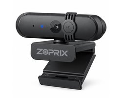 Zoprix Webcam Full HD 1080p met Microfoon en Privacyklep, USB Plug and Play, voor PC en Laptop, Zwart