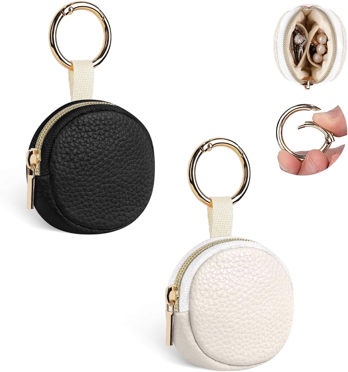Set van 2 mini-sieradendoosjes - Zwart en Beige - 5,5 x 5,5 x 2 cm - Zachte PU-stoffen Organizer - Voor Dames en Meisjes