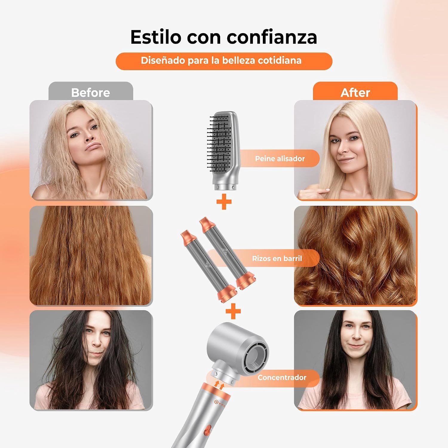 Hairstyler 5-in-1 - Zilver-oranje - Haarstylerset met Coanda-technologie - Voor Thuisgebruik