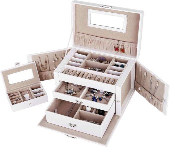 Boîte à bijoux de luxe avec boîte supplémentaire et miroir - Boîte à bijoux avec 3 niveaux et portes latérales - Blanc