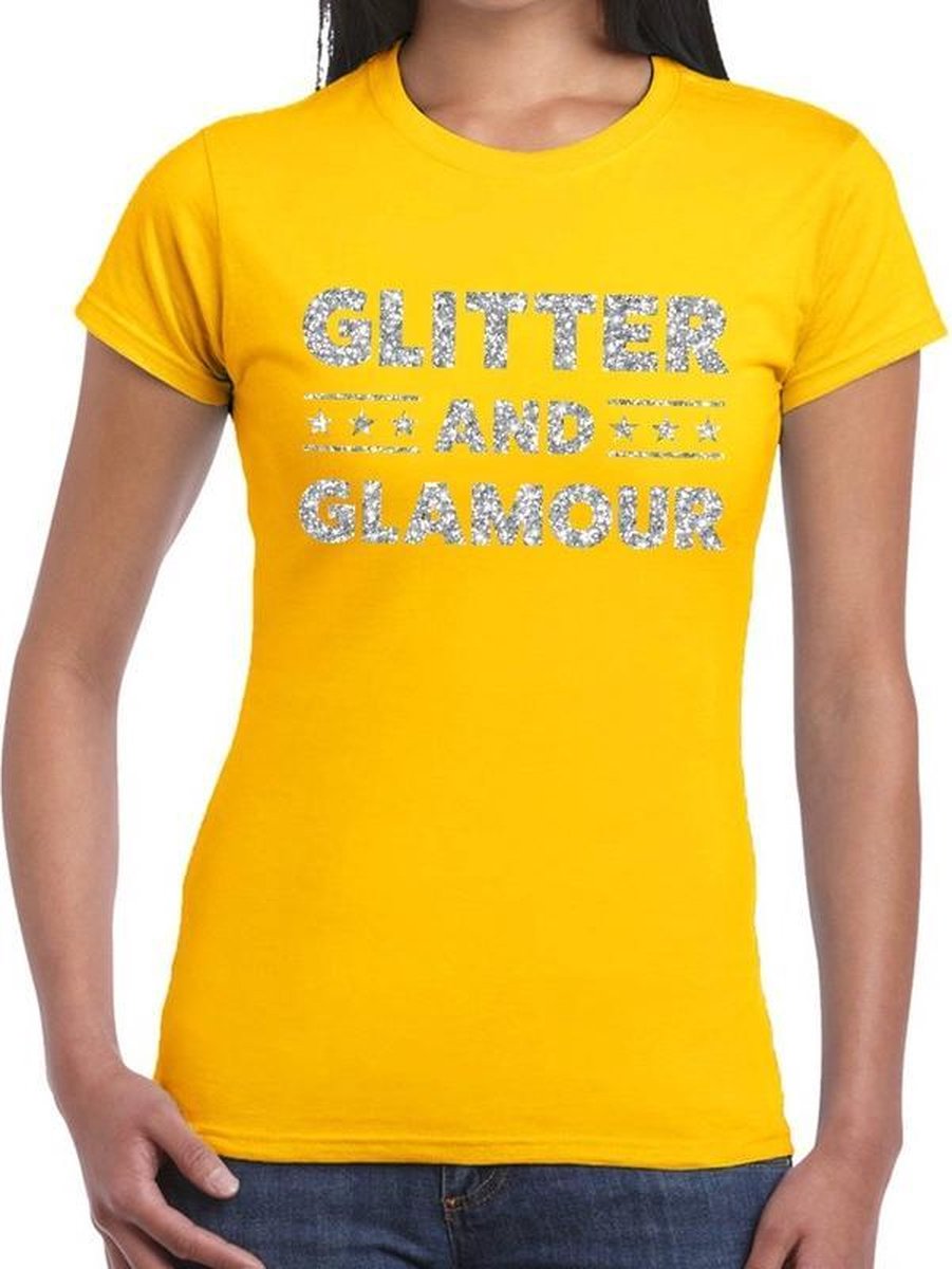 Glitter and Glamour zilver glitter tekst t-shirt geel dames - zilver glitter  and... | bol