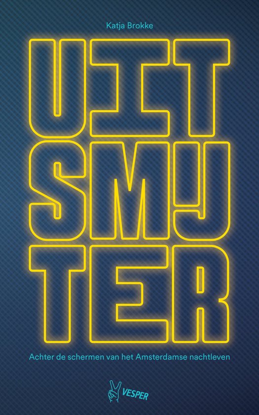 Boek "UITSMYTER" met gele neon letters op een blauwe achtergrond. Door Katja Brokke.