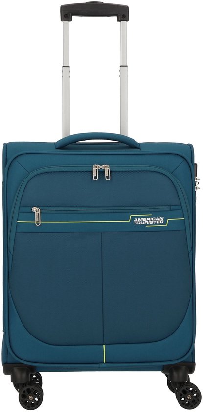 Petrolblauwe American Tourister koffer met handvat, ritssluiting en 'American Tourister'-logo in limoengroen.