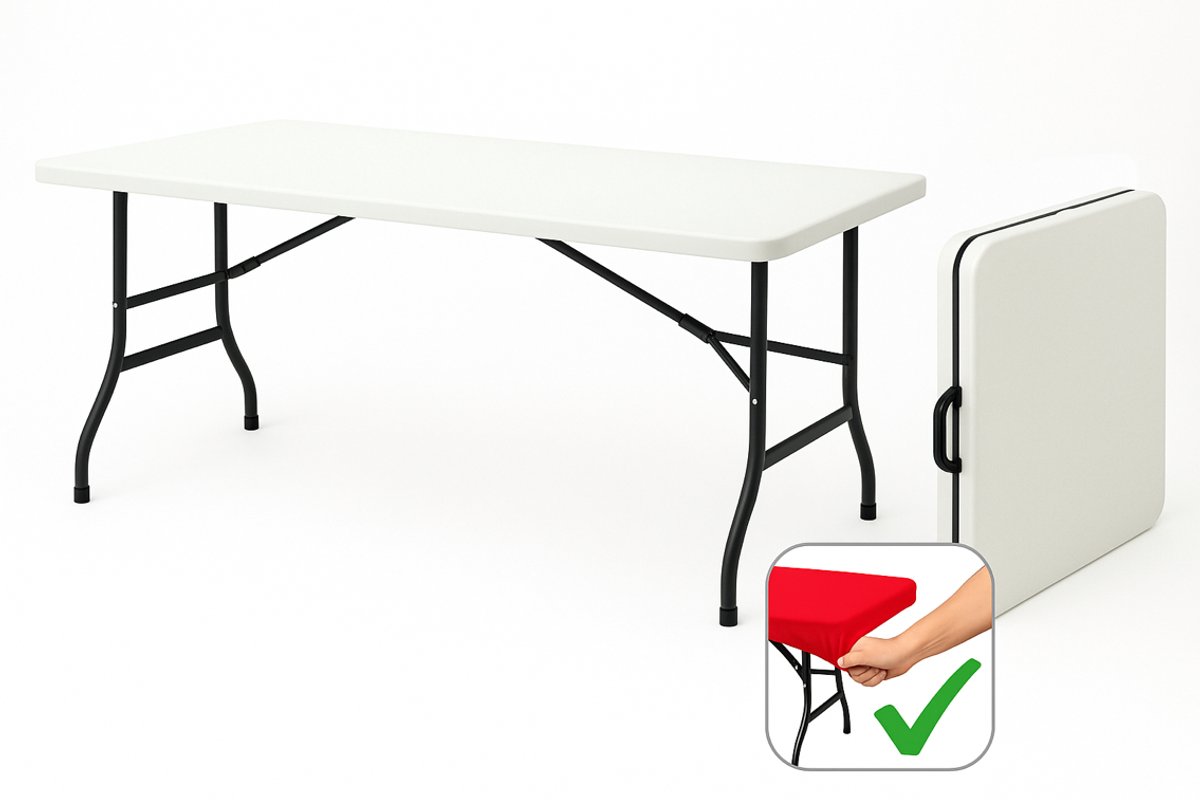 HEM Vouwtafel Inklapbaar 180x70 Wit – Buffettafel – Klaptafel – Campingtafel - 100 kg Belastbaar – 9,5 kg - Met Rode HEM Topper