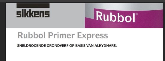 Blik Sikkens Rubbol Primer Express. Grijs en paars label met tekst: Sneldrogende grondverf op basis van alkydhars.