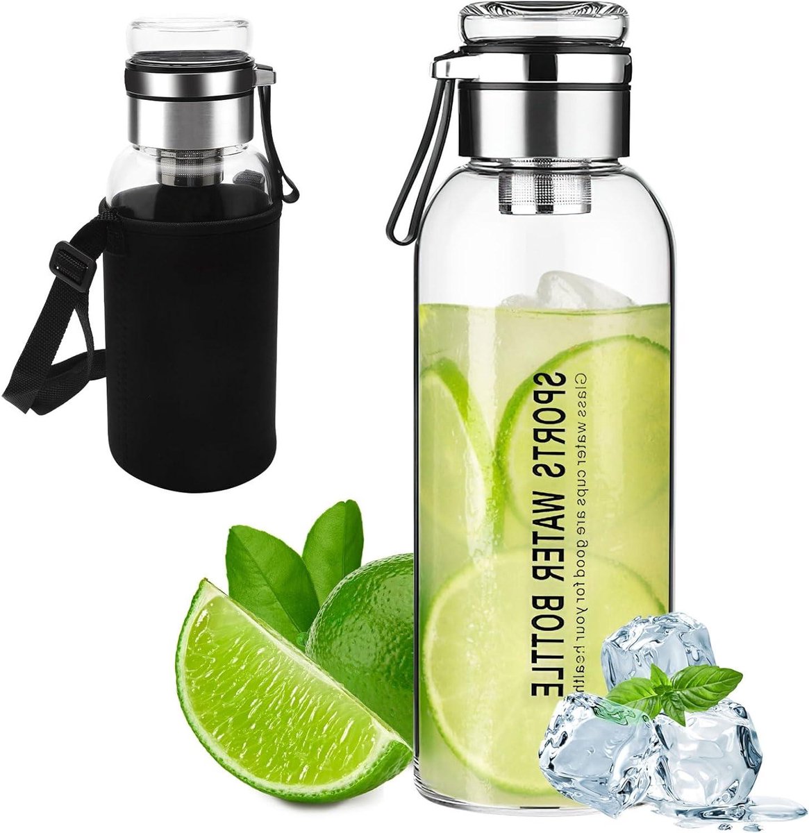 Ronte - Glazen drinkfles 1 liter met beschermhoes en theefilter