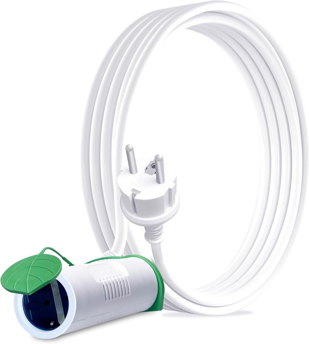 5 meter buitenstroomkabel met 2 Schuko-stopcontacten, IP44, H05VV-F 3 x 1,5 mm², wit