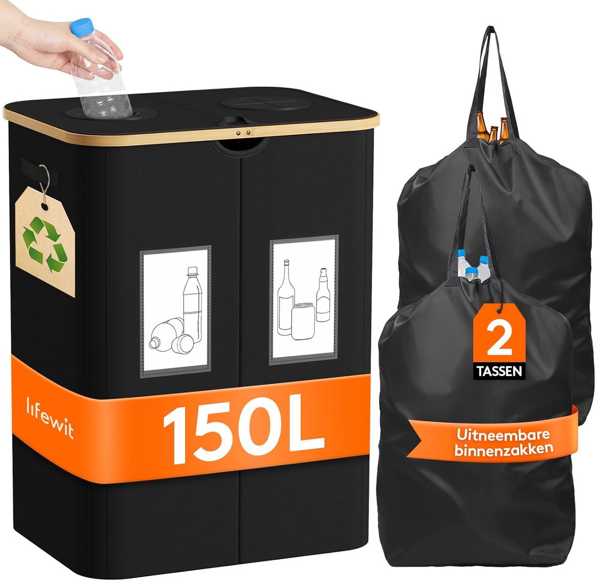 Flessenverzamelaar met deksel 2 compartimenten 150L, Selectieve Sorteerbak voor Plastic, Buiten Kringloopbak Gat, Statiegeldflessenverzamelcontainer met deksel, Keuken Opbergvak, Zwart
