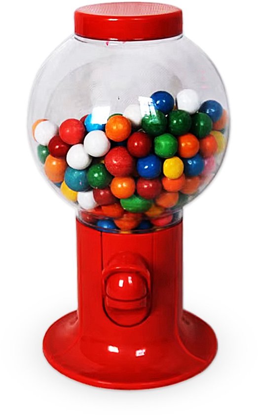 Distributeur de bonbons rouge rempli de boules de gomme multicolores.