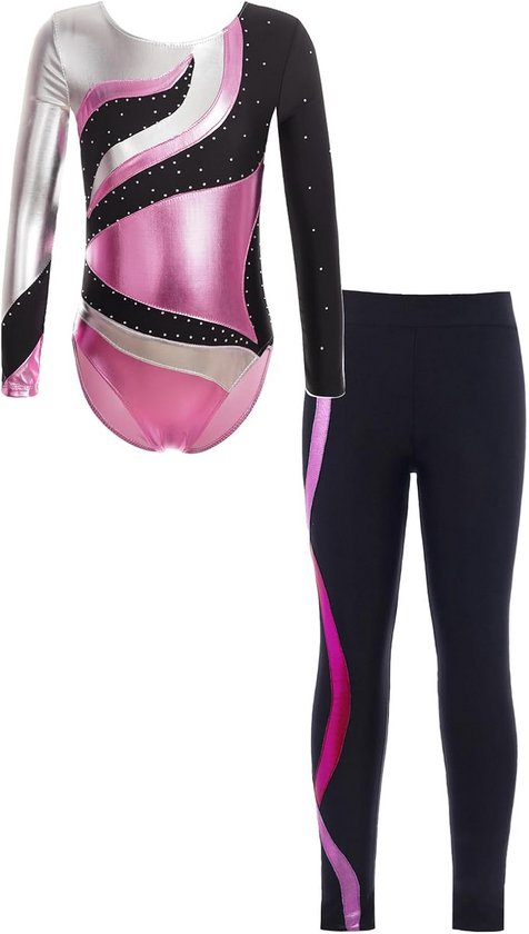 Zwart turnpakje met lange mouwen, zilveren mouw en roze, glanzende golvende details. Zwarte legging met roze, glanzende streep.