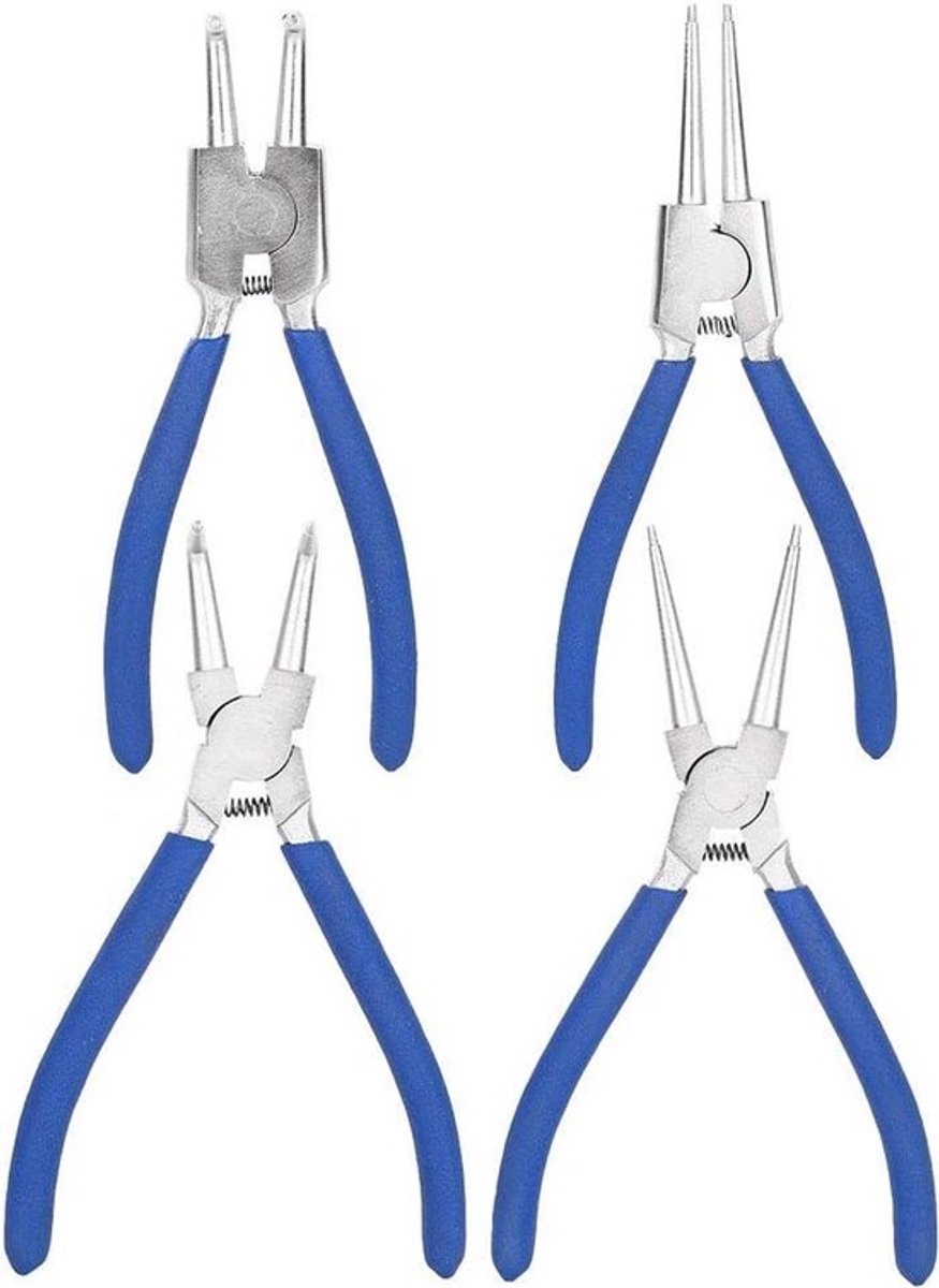 4-delige professionele 175 mm Borgringtangset | Met Interne Terugstelveer | Rechte en Gebogen Tangen | Voor Externe en Interne Demontage en Houder