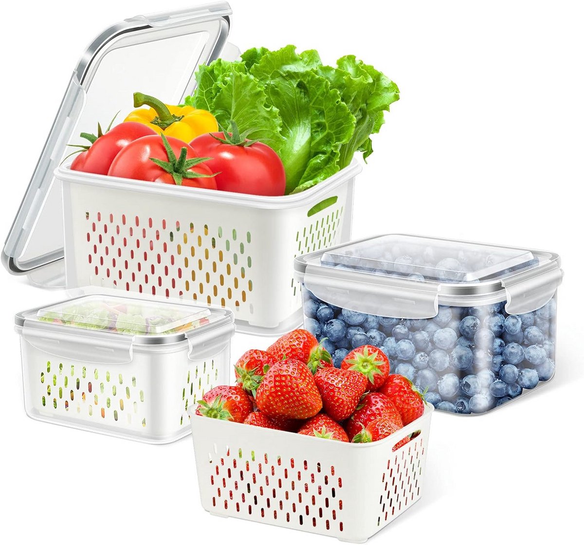 Luchtdichte voedselopslagcontainers 3-pack - stapelbare koelkastorganisator met afvoermand