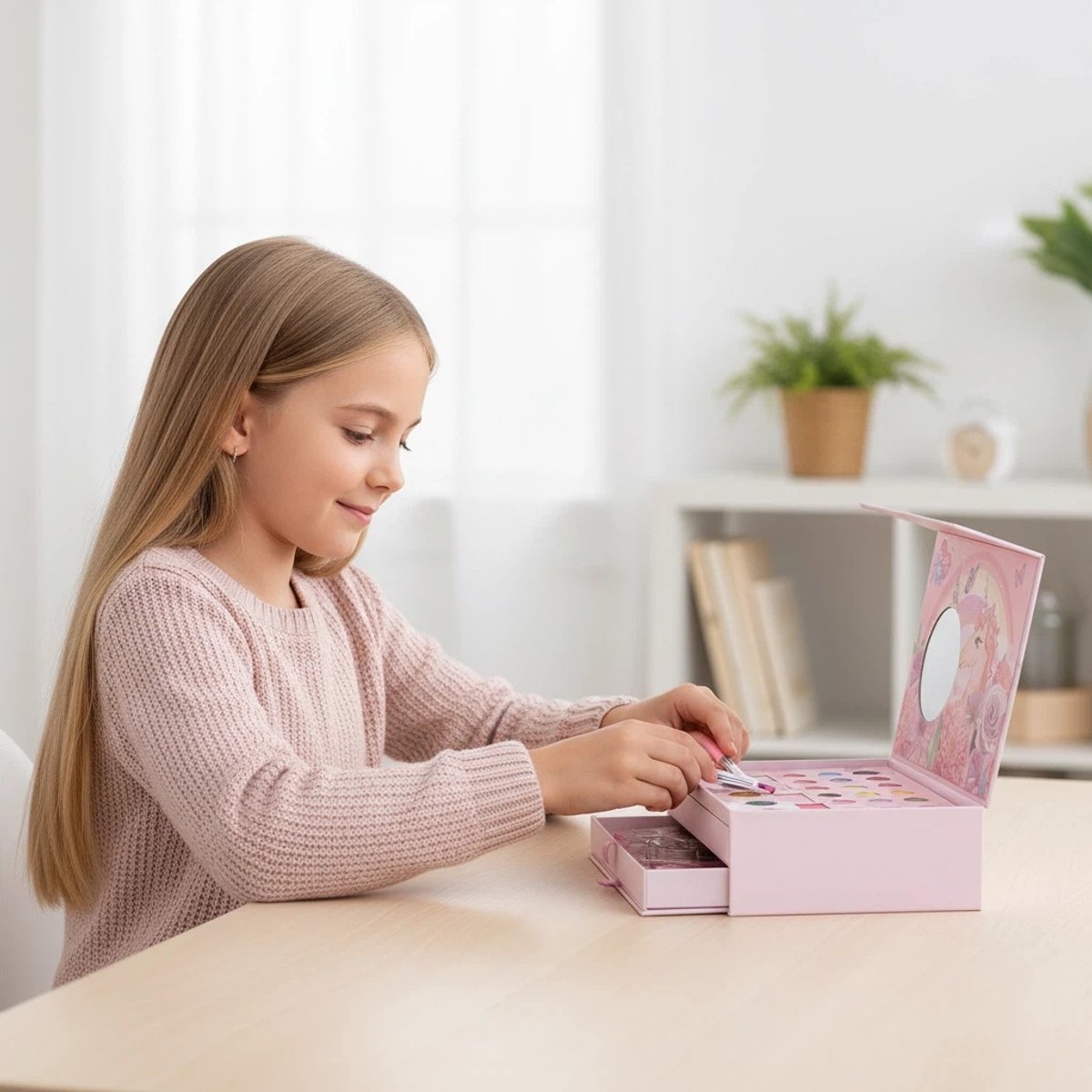 Make up meisje - 3-in-1 Kinder Make-up Set & DIY Kralen Juwelendoos-Make up Doos Meisjes - Inclusief DIY Sieraden Kralen & Kwasten – Afwasbare Kinder Make-up Cadeauset met Spiegel & Opbergkoffer — afbeelding 7