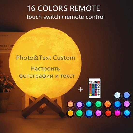 3/16 Kleuren 3D Geprinte Maanlamp - Personaliseerbaar Nachtlampje met Foto - LED Maanlicht Cadeau 10 cm — afbeelding 5
