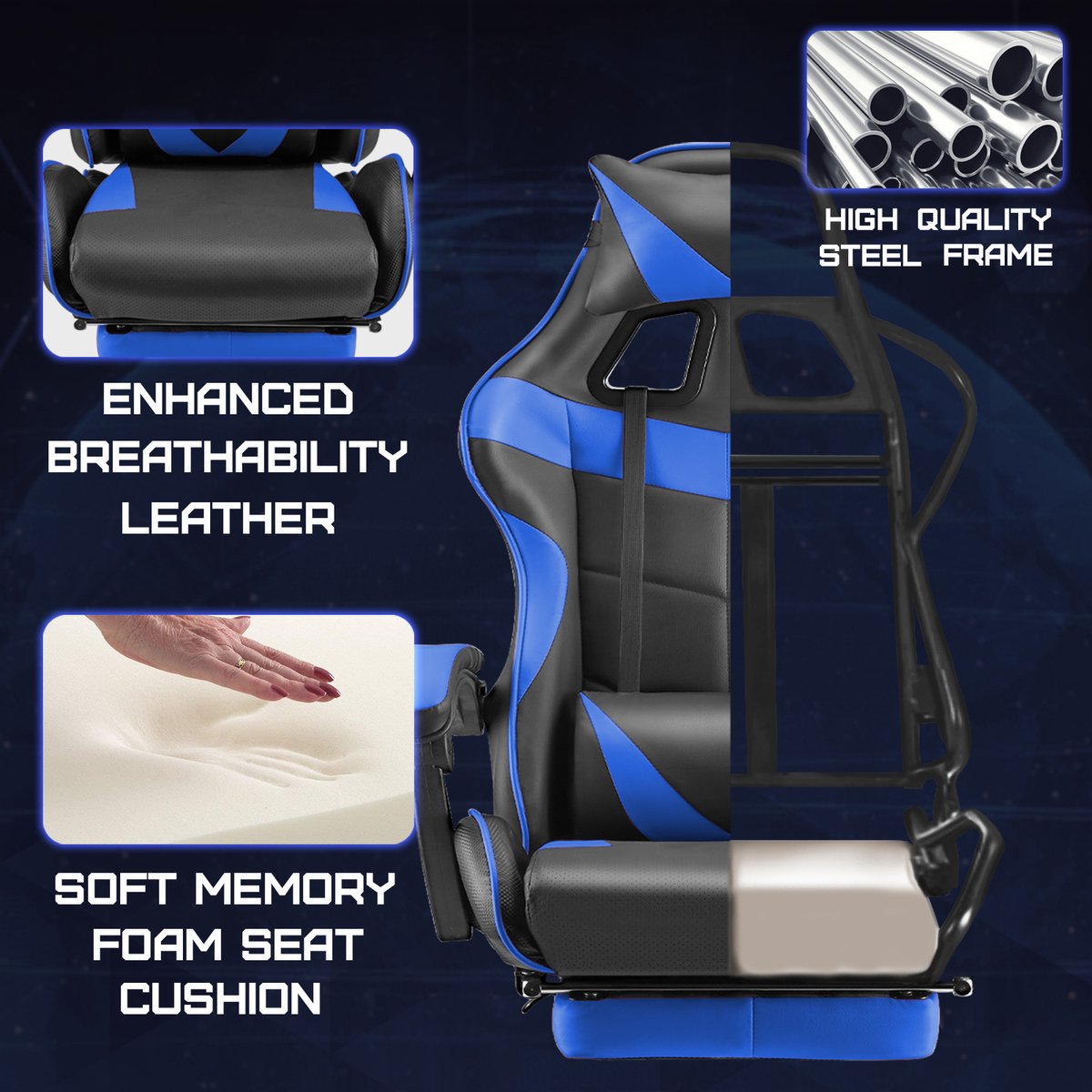 Soontrans Blauw-Gaming Stoel met Inklapbare Voetensteun, - afbeelding 3