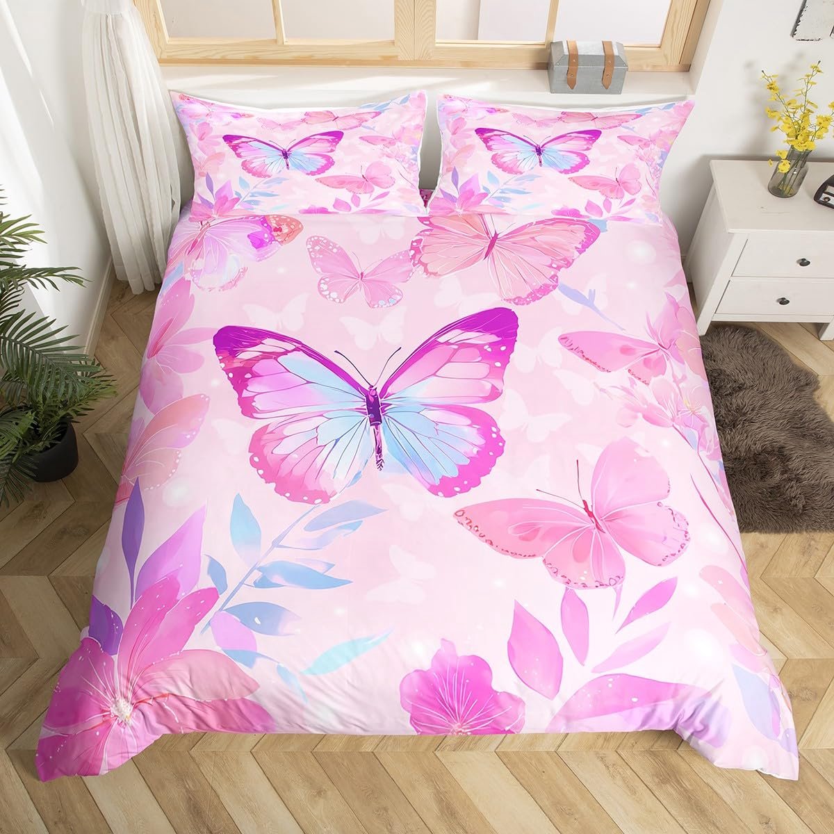 Ibenzoa Roze vlinder dekbedovertrek set met esthetische bloemen voor meisjes en tieners