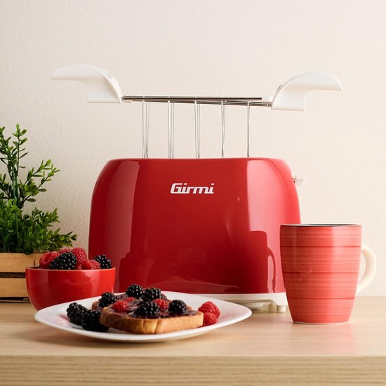 Girmi TP10 Grille-pain 750 W, pinces en inox amovibles, 7 niveaux de brunissage, fonction toast, ramasse-miettes, éjection automatique, arrêt automatique, blanc et rouge