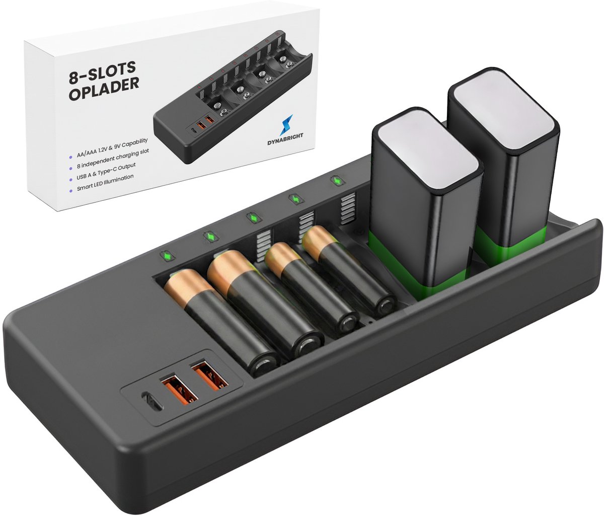 DynaBright 8‑Slots Oplaadstation - Voor Oplaadbare Batterijen - AA, AAA & 9V - Met LED Indicator - USB & Type‑C Poorten