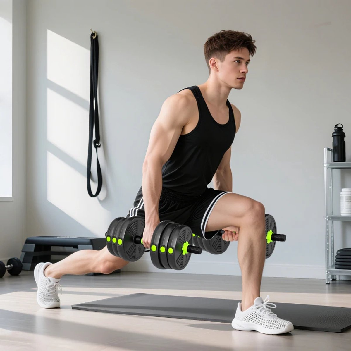 3-in-1 Verstelbare Dumbbells, Halter & Kettlebell Set - Gewichten Set met 12 Schijven: 4 x 2 kg, 4 x 1,5 kg, 4 x 1,25 kg- 20 KG Verstelbare Halterset - Thuis Fitness - Thuisgym - Zwart/Groen – foto 5