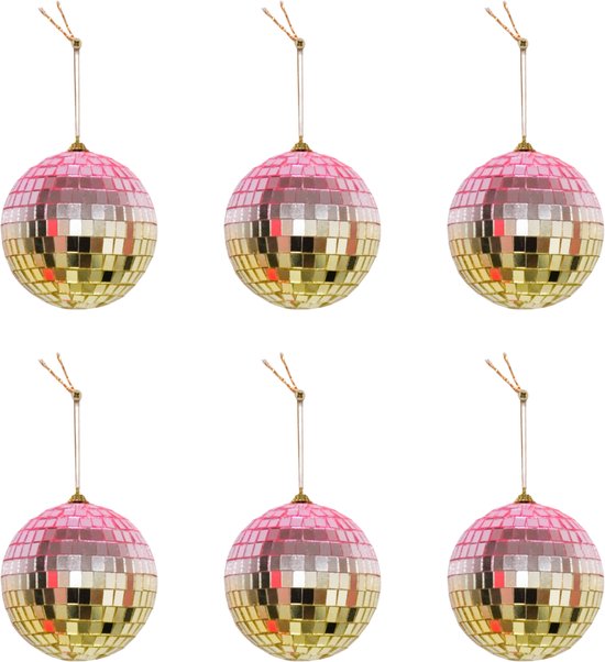 Housevitamin - Kerstversiering - Kersthanger - Discobal - Foam - Set van 6 - Roze/Goud - 6x6x6cm