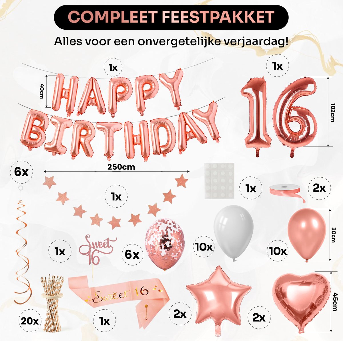 Vitamo™ Roségoud Sweet 16 - 16 Jaar Verjaardag Versiering- Feestversiering - Happy Birthday - Feestpakket - Ballonnen - Slinger - Verjaardagsfeest - Feestartikelen - Feestdecoratie Roze Goud — afbeelding 5