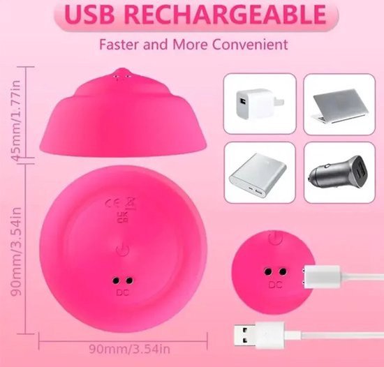 Roze tepelstimulator in maten 90x90x45mm. Toont oplaadmethoden via USB met laptop, powerbank of auto.