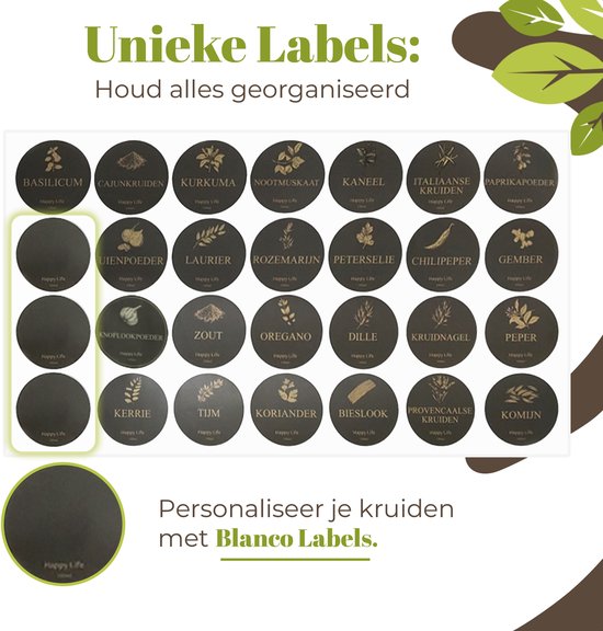 Verzameling van ronde, zwarte etiketten met kruidennamen, waaronder basilicum en kerrie.