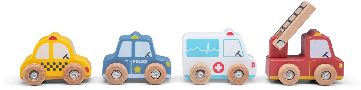 Woet® Houten Voertuigenset - 4 Speelgoed Auto's - Politie, Brandweer, Ambulance en Taxi - Speelgoedvoertuigen Hulpdienst - Vanaf 18 Maanden — afbeelding 4