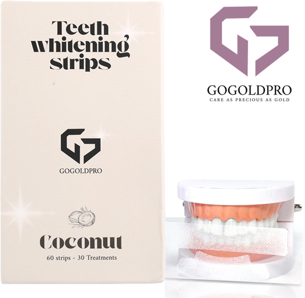 GoGoldPro 60 Tanden bleek Strips - PAP+ Strips voor Stralend Witte Tanden - Wittere Tanden Zonder Peroxide - 100% Veilig en Natuurlijk! - Teeth Whitening Strips - 7 Verschillende Smaken - Kokos