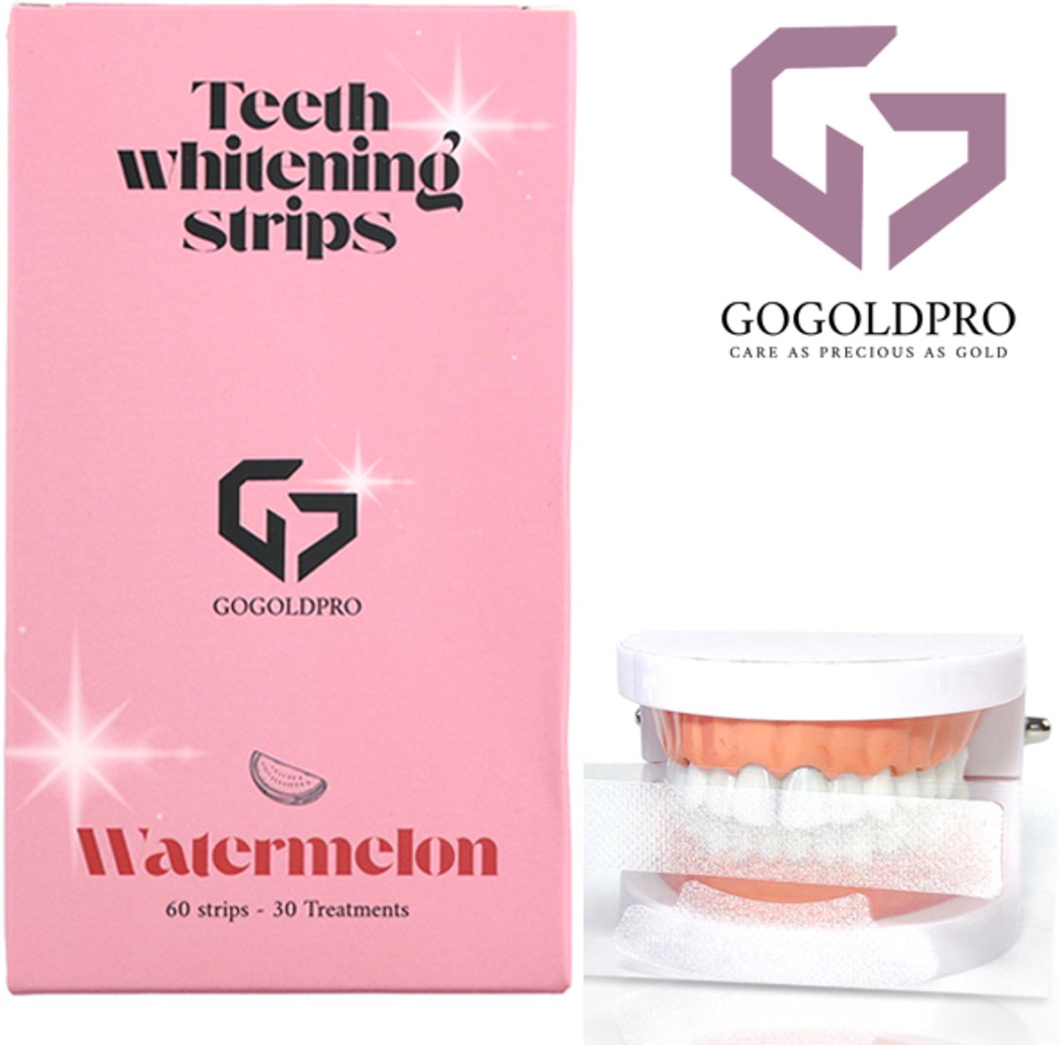 GoGoldPro 60 Tanden bleek Strips - PAP+ Strips voor Stralend Witte Tanden - Wittere Tanden Zonder Peroxide - 100% Veilig en Natuurlijk! - Teeth Whitening Strips - 7 Verschillende Smaken - Watermeloen