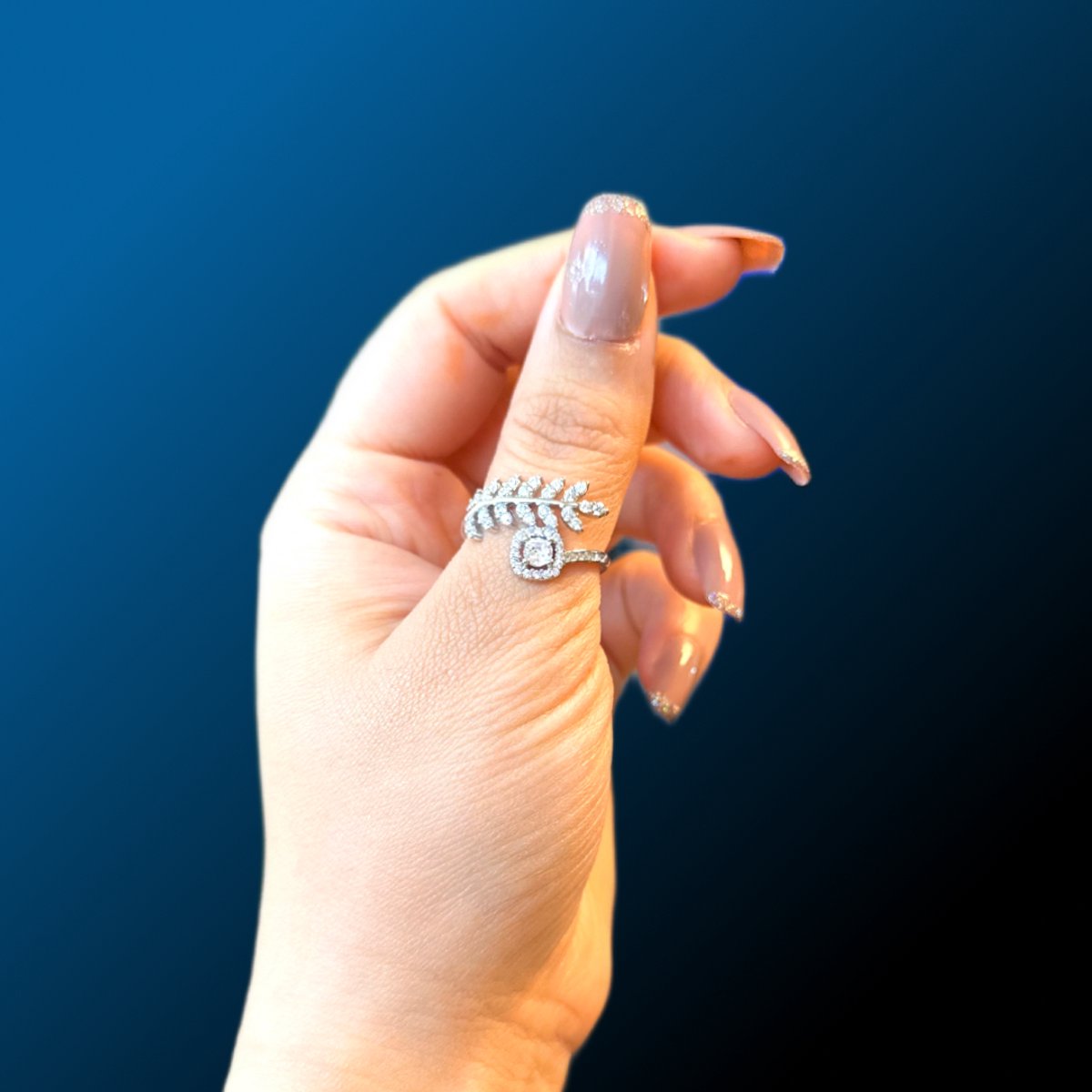 Zilveren 925 Ring Dames Verstelbare Bladvormige Ring met Zirkoon – Elegant Minimalistisch Design