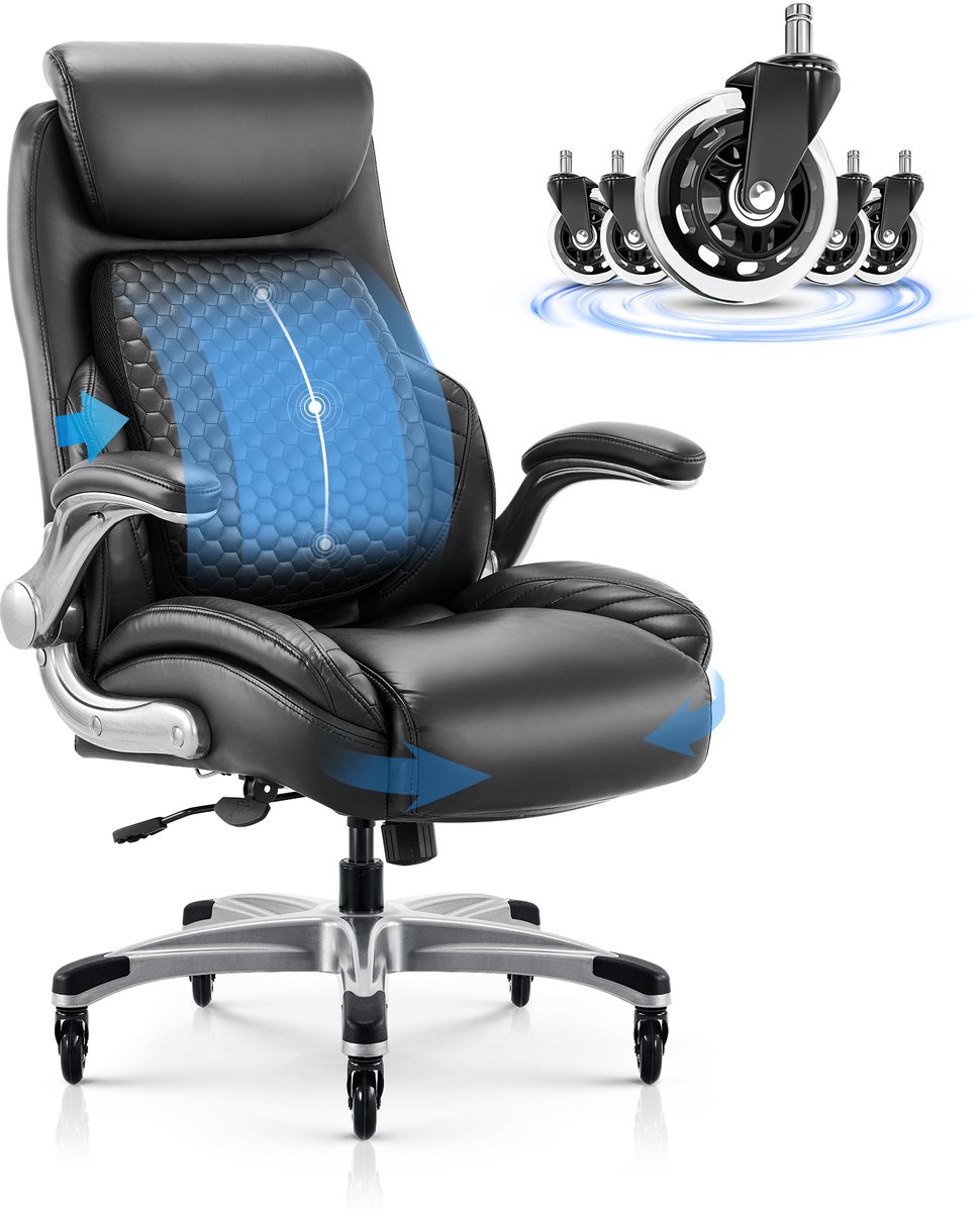 COLAMY bureaustoel Ergonomische bureaustoel met hoge rugleuning en uitklapbare lendensteun, verbeterde wieltjes, verstelbare hoofdsteun, opklapbare armleuningen, lederen zitting met dik kussen voor comfort - zwart - COLAMY - €209,99