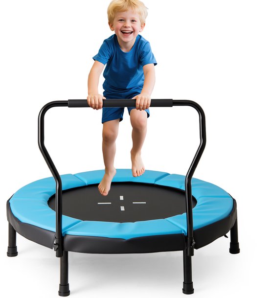 COSTWAY Ø 102 cm kindertrampoline, fitness trampoline indoor met afneembare handgreep, mini-trampoline tot 100 kg belastbaar, tuintrampoline outdoor voor kinderen van 3 tot 6 jaar