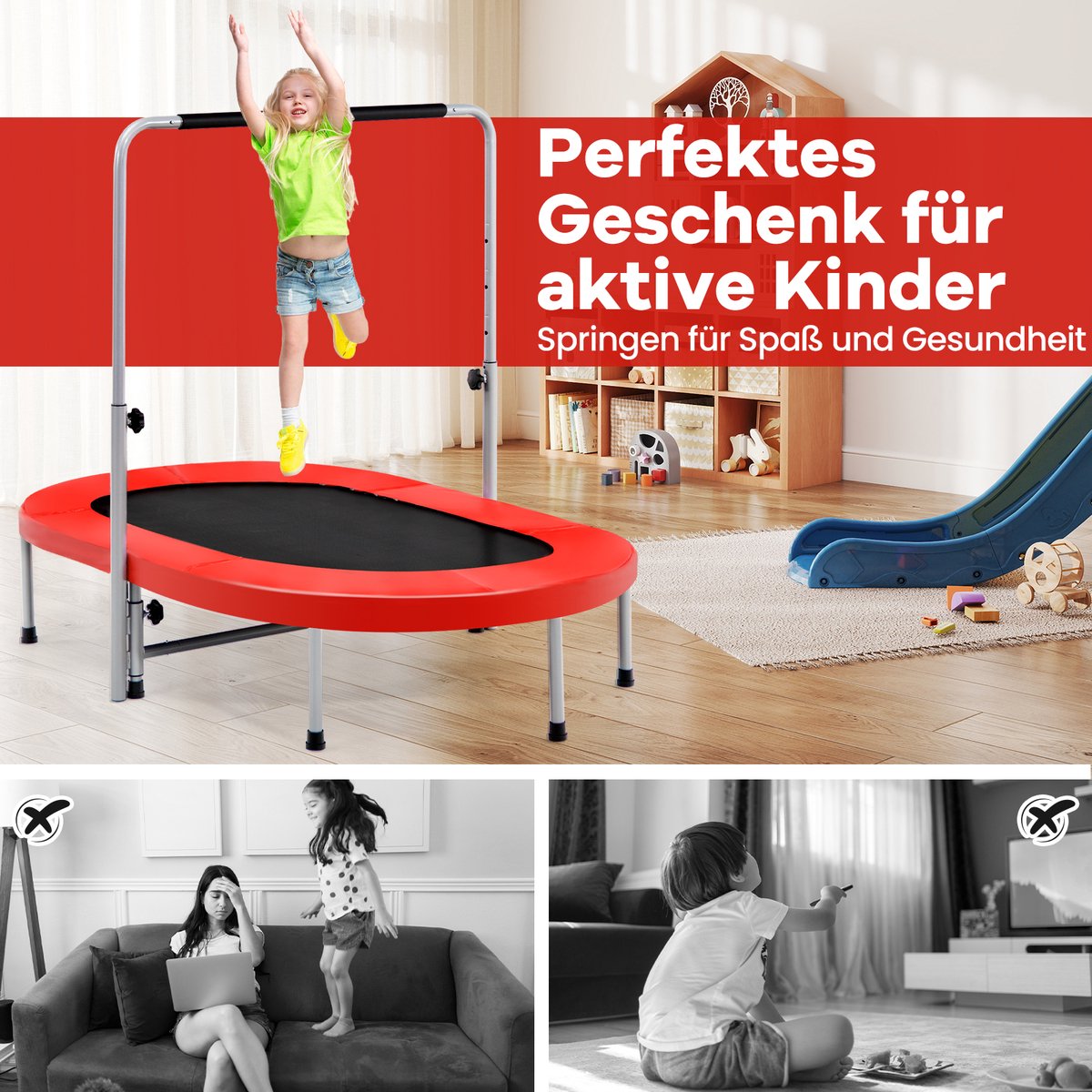 COSTWAY Trampoline voor 2 personen, met in hoogte verstelbare handgreep, mini-trampoline tot 150 kg belastbaar, kindertrampoline inklapbaar, tuintrampoline voor kinderen en volwassenen (rood) — afbeelding 9