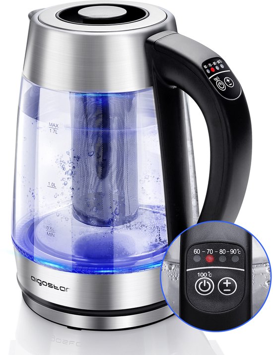 Aigostar Cris 30OSU - Waterkoker - Glas - Met Temperatuurregeling en Warmhoudfunctie - Glazen waterkoker met LED en theefilter - 1,7 L - Elektrische Waterkoker - 2200W