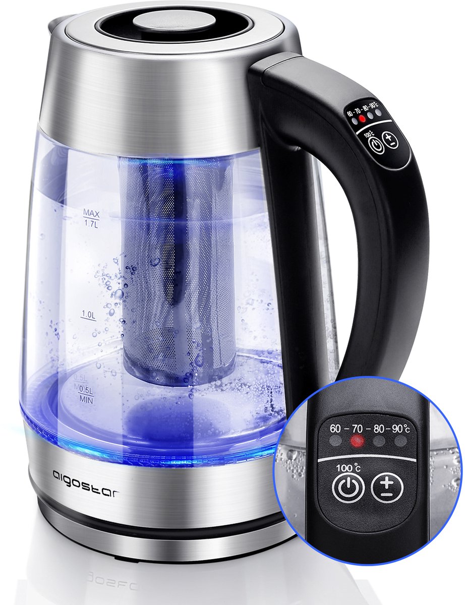 Aigostar Cris 30OSU Glazen waterkoker met LED en theefilter RVS zwart