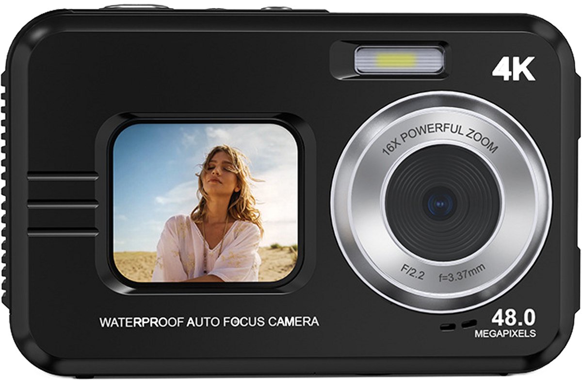 KINSI Waterdichte Actiecamera 4K met Voor Scherm - Dual Display Sportcamera voor Duiken, Fietsen en Avontuur