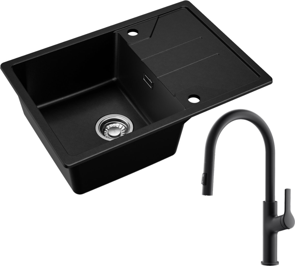DERW MAX Granieten spoelbak - Spoelbak Keuken Met U-Uitloop Keukenkraan - spoelbak 65 × 45cm - Spoelbak Keuken - Wasbak met waterafvoersysteem