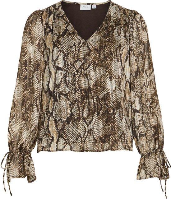 Bruine blouse met slangenprint, V-hals en strikdetail op de mouwen.
