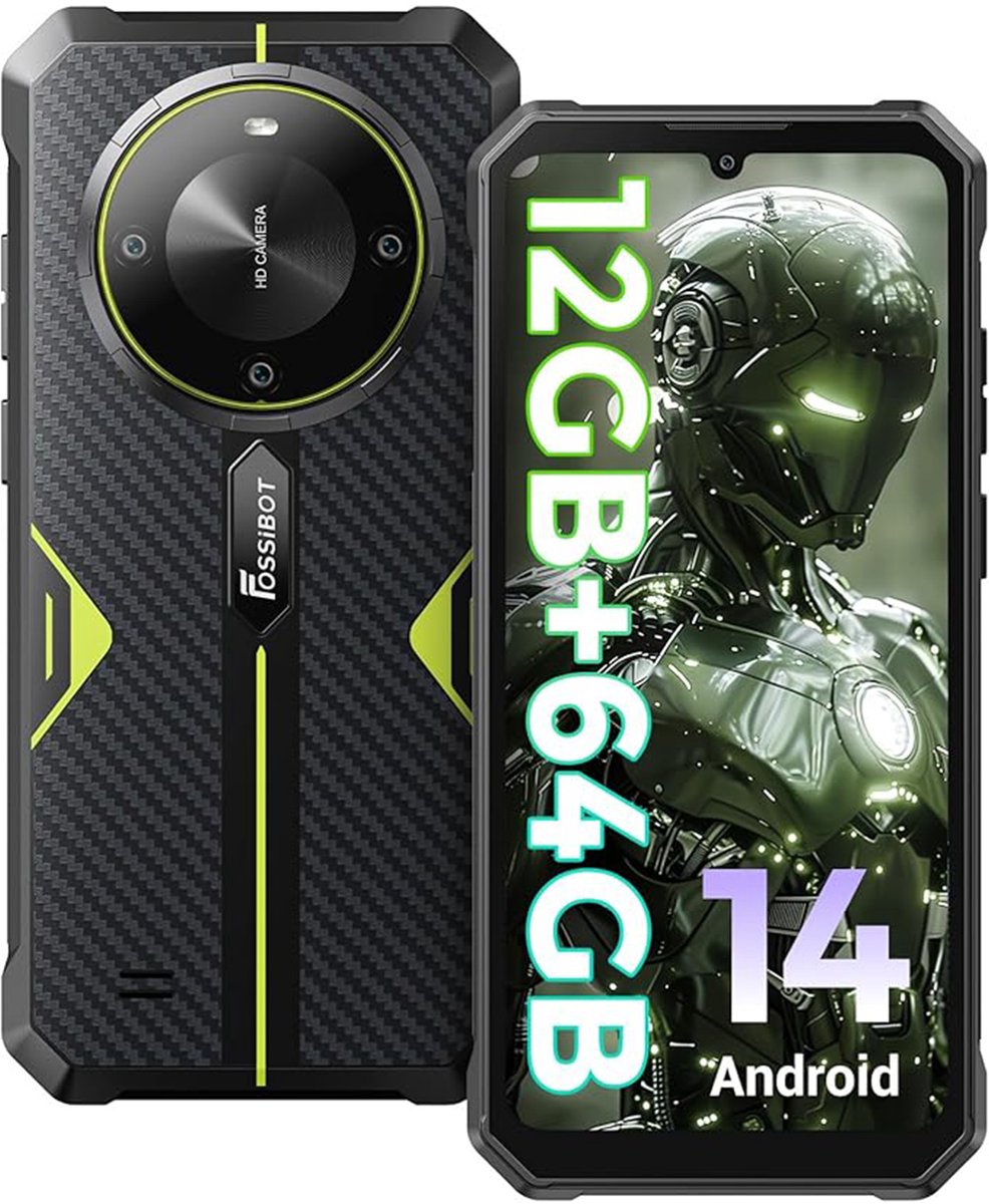 FOSSiBOT F105 robuuste smartphone, 6,745 inch HD+-scherm, 10300 mAh-batterij, 4 GB RAM + 64 GB ROM, 20 MP + 8 MP camera, 4G Dual SIM, octa-core chipset, Android 14-systeem, ontgrendeld/Face ID/OTG/GPS, IP68/IP69K - zwart