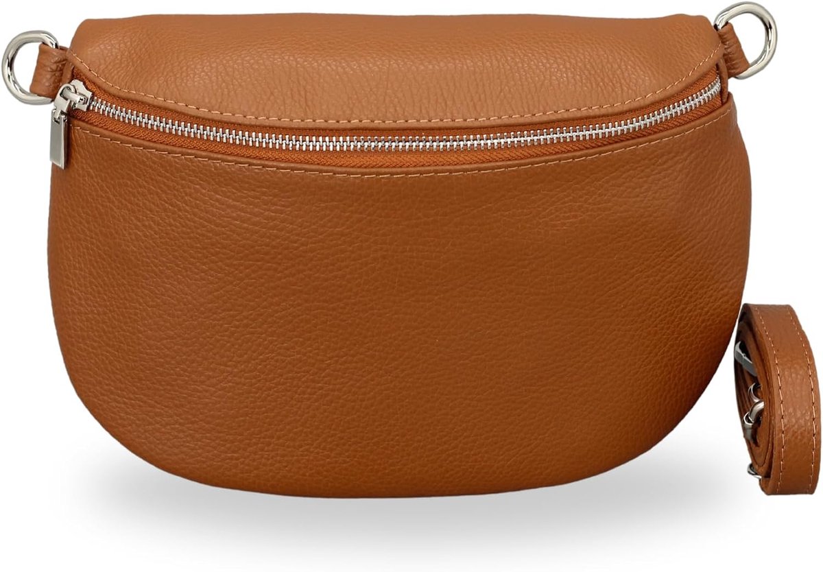 BELCHOME AFIA heuptas voor dames, handgemaakte schoudertas en crossbodytas van echt leer met leren riem en brede schouderband met patroon, 3 vakken, stijlvol, gemaakt in Italië, cognac bruin