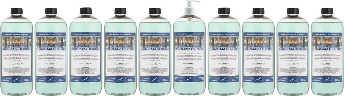 Handzeep Hammam Herbal 1 liter - set van 10 stuks - met gratis pomp - Voordeelverpakking