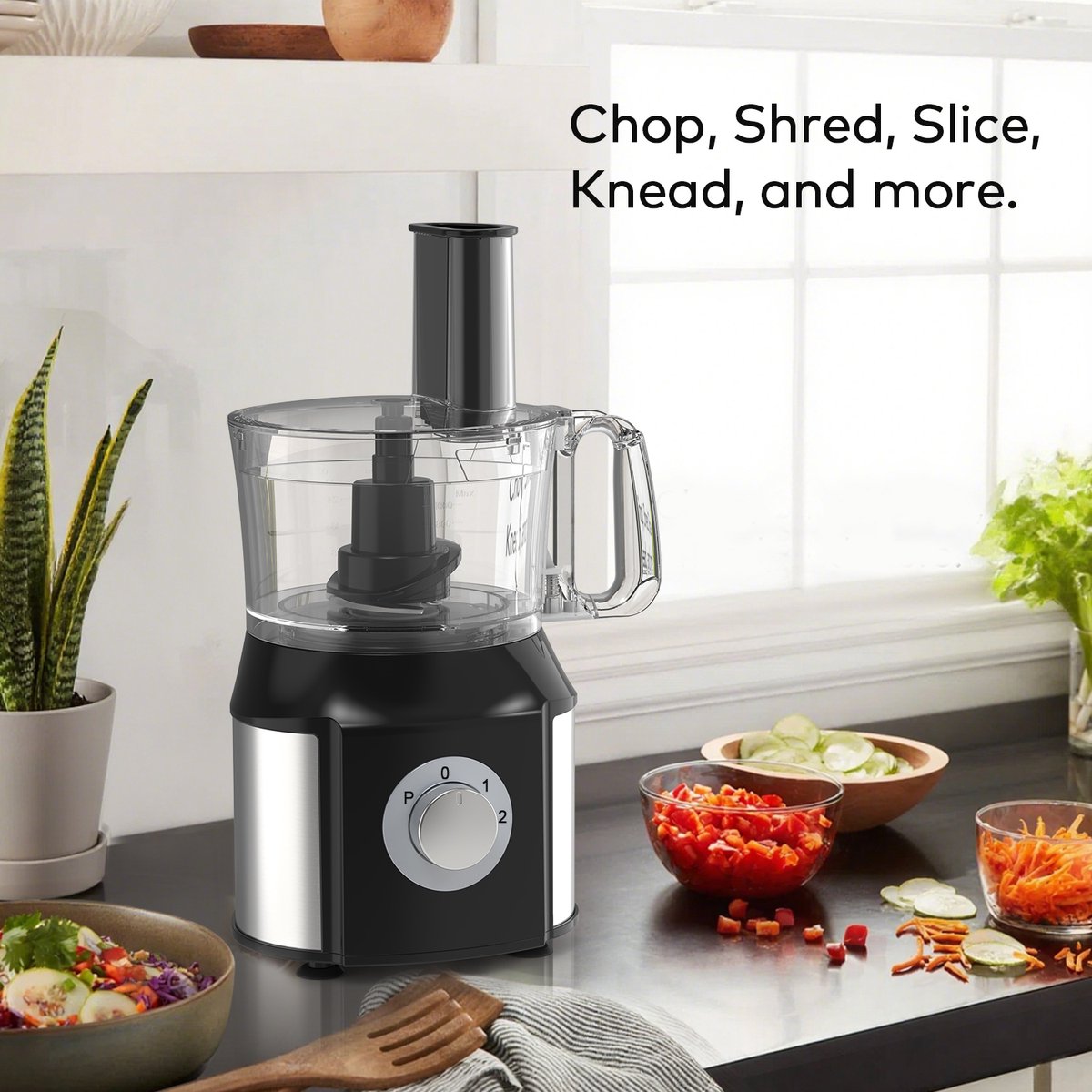 Royal Swiss® Foodprocessor 5-in-1 – 550W – Keukenmachine met Blender, Hakmolen, Citruspers & Snij-/Raspbladen – 2 Snelheden + Pulse – Black Edition thumbnail 6
