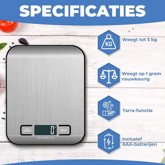 Balance de Cuisine - Balance de Cuisine Numérique - 1G à 10KG - Rechargeable USB - Piles incluses - Écran LCD - Fonction Tare - Argent