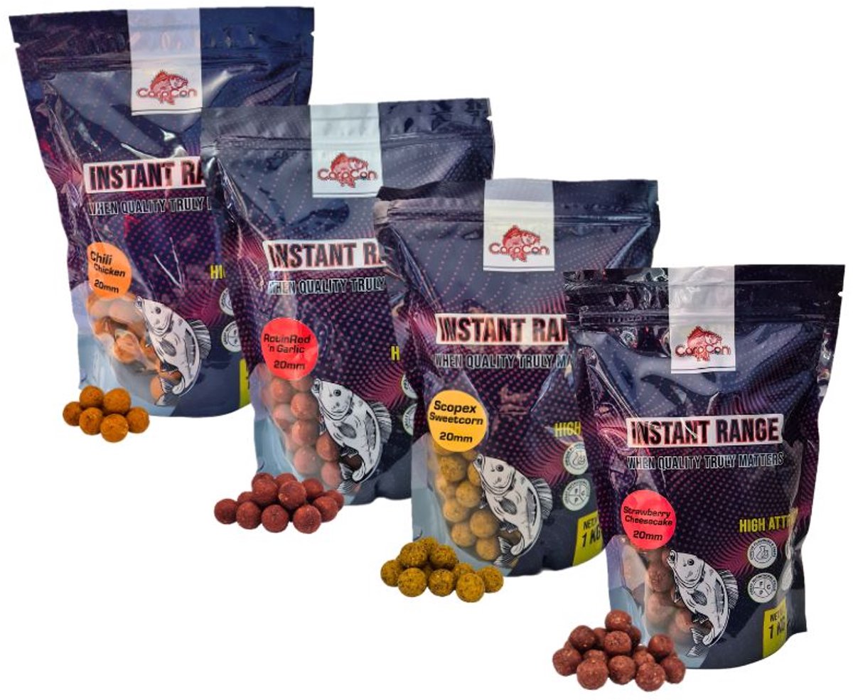 4x 1kg Instant Range Boilies 'Assorti' - 20mm - 4kg - Verschillende varianten - Strawberry, Scopex, Garlic & Chili Chicken - Karper Aas